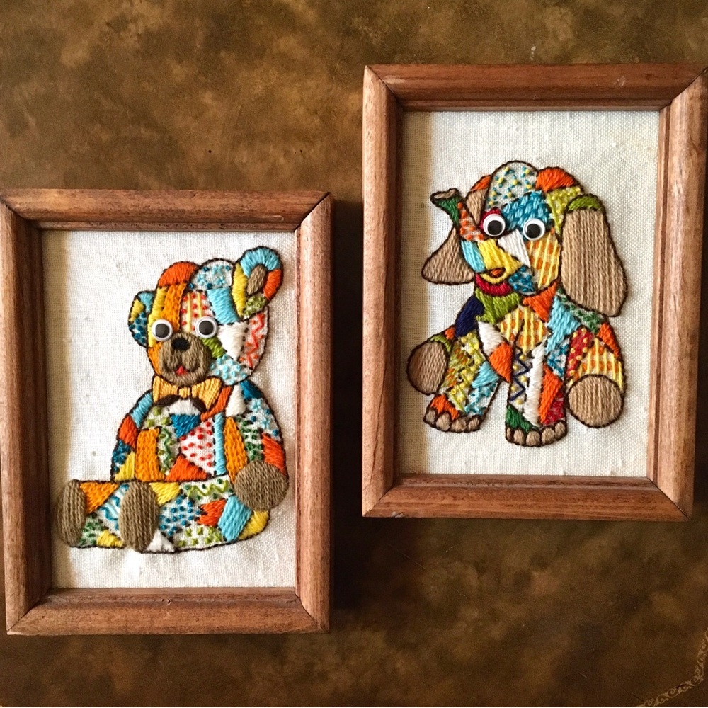 Vintage Crewel Embroidered Nursery Decor Patchwork Bear and Elephant